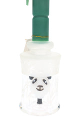 Close-up of green 6B Glass dab rig showing frosted bamboo artwork and panda-shaped percolator