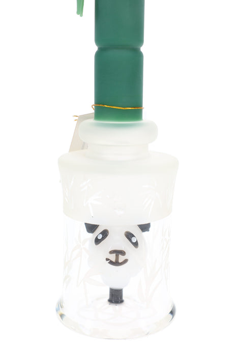 Close-up of green 6B Glass dab rig showing frosted bamboo artwork and panda-shaped percolator
