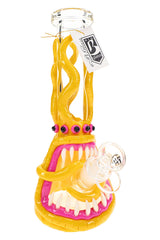 Yellow 6B Glass monster beaker bong with open mouth, teeth, tentacles, clear bowl, and tag