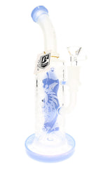 Blue 6B Glass Halloween ghost perc bong with frosted artwork, curved neck, clear bowl, and tag
