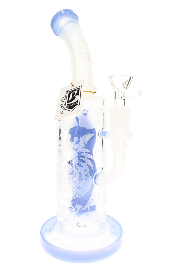 Blue 6B Glass Halloween ghost perc bong with frosted artwork, curved neck, clear bowl, and tag