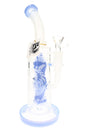 Blue 6B Glass Halloween ghost perc bong with frosted artwork, curved neck, clear bowl, and tag