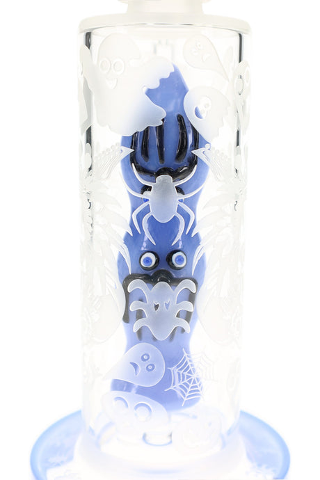 Close-up of blue 6B Glass Halloween bong showing ghost perc, skulls, spiders, and web graphics