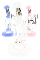 Assorted 6B Glass donut perc dab rigs with sprinkle percs, colored necks, clear buckets, and round bases