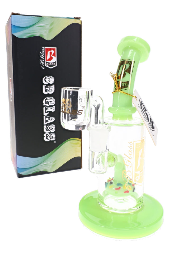 Green 6B Glass donut perc dab rig with bent neck, clear bucket accessory, neon base, and retail box