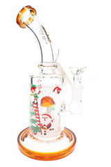 Amber 6B Glass Christmas dome matrix bong with curved neck, clear bowl, holiday decals, and round base