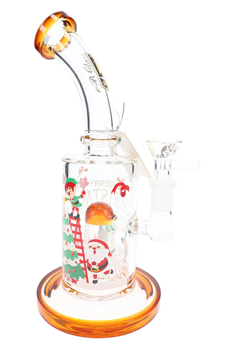 Amber 6B Glass Christmas dome matrix bong with curved neck, clear bowl, holiday decals, and round base