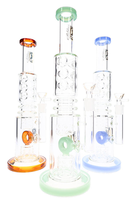 Assorted 6B Glass straight bongs with donut barrel percs, colored bases, ice pinches, and bowls