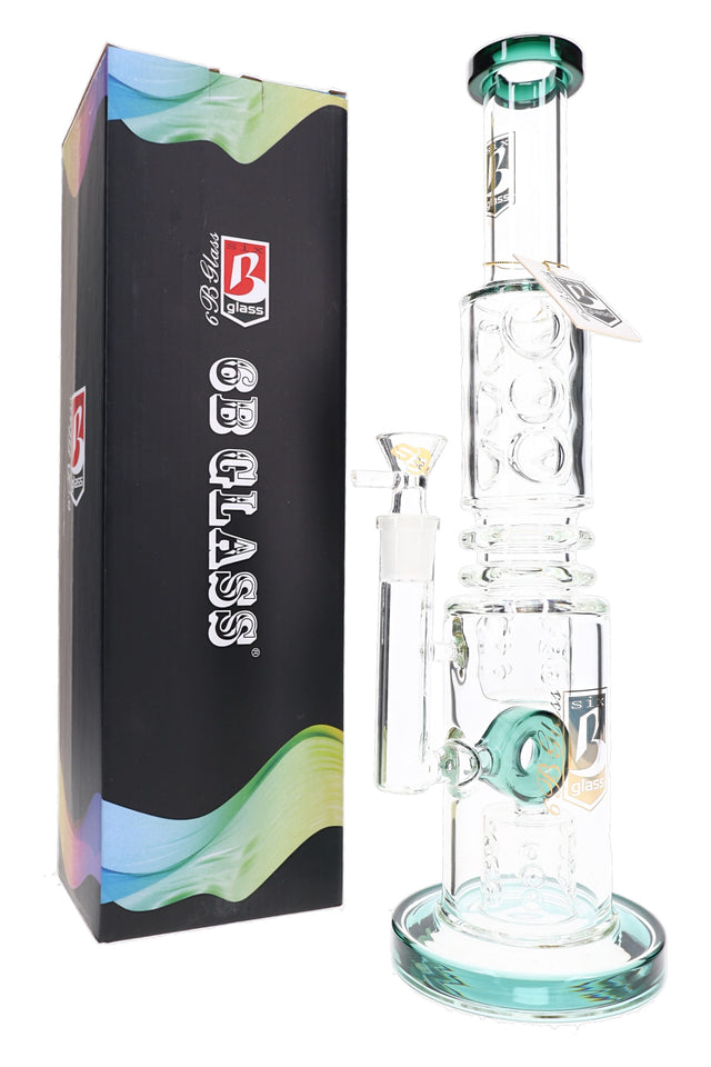 Mint 6B Glass donut barrel perc bong with clear chamber, splash guard, bowl, and retail box