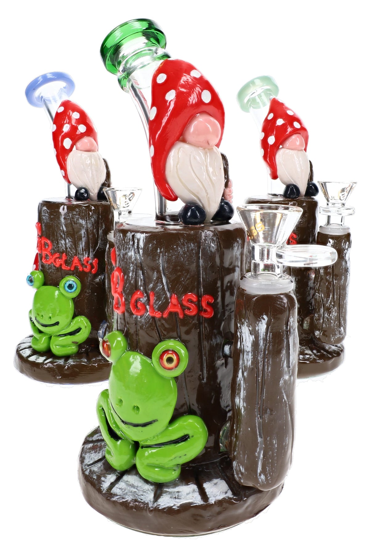 Assorted 6B Glass mushroom gnome bongs with frog accents, red caps, honeycomb percs, and bowls