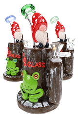 Assorted 6B Glass mushroom gnome bongs with frog accents, red caps, honeycomb percs, and bowls