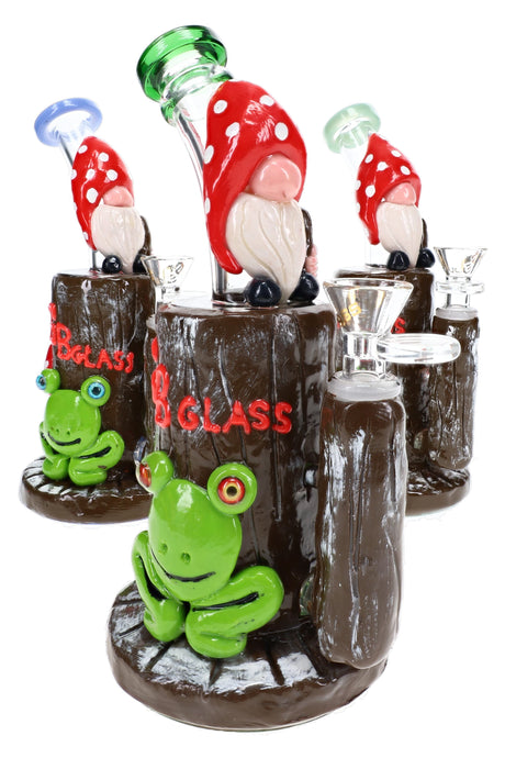 Assorted 6B Glass mushroom gnome bongs with frog accents, red caps, honeycomb percs, and bowls