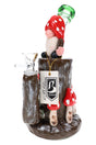 6B Glass mushroom gnome bong with brown stump body, red mushrooms, clear bowl, and green mouthpiece