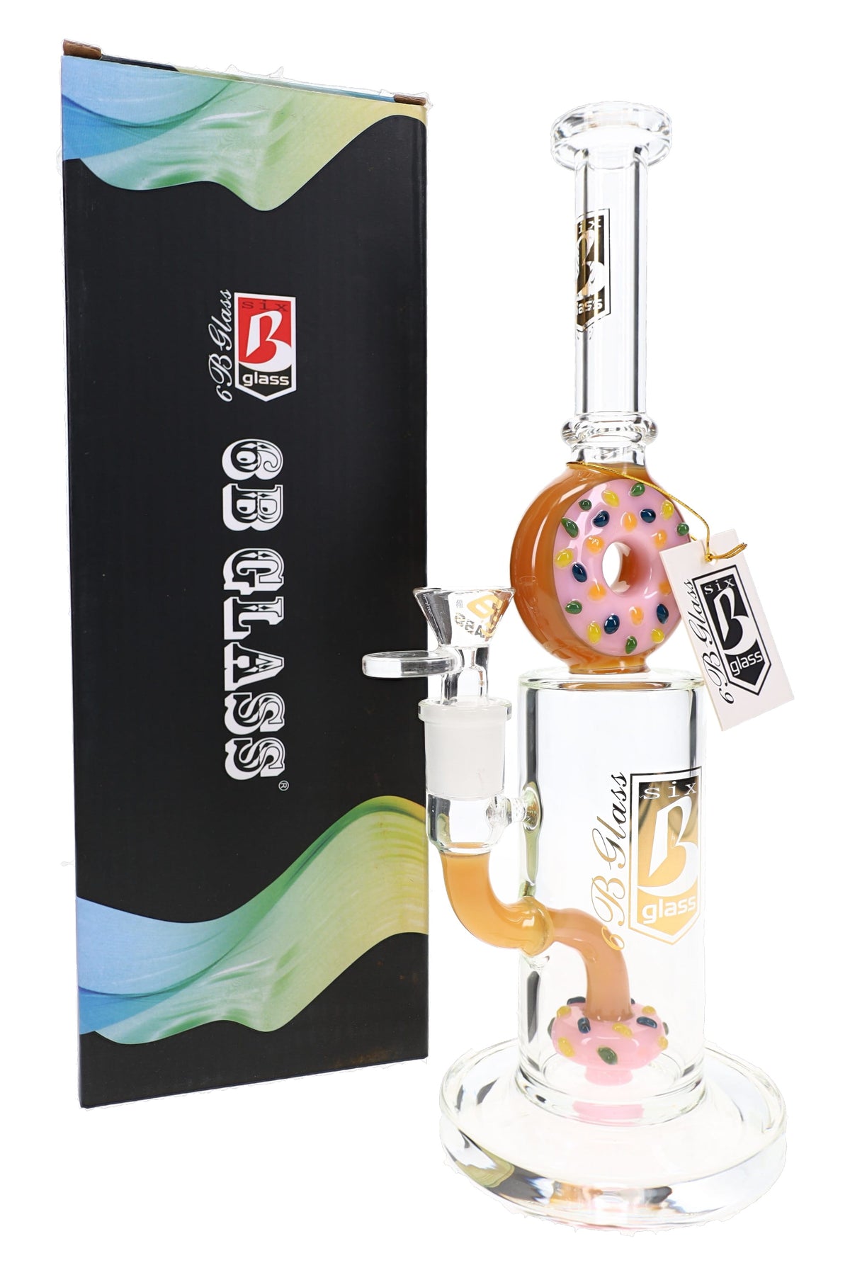 Pink 6B Glass donut perc straight bong with sprinkle donut accents, clear bowl, and retail box