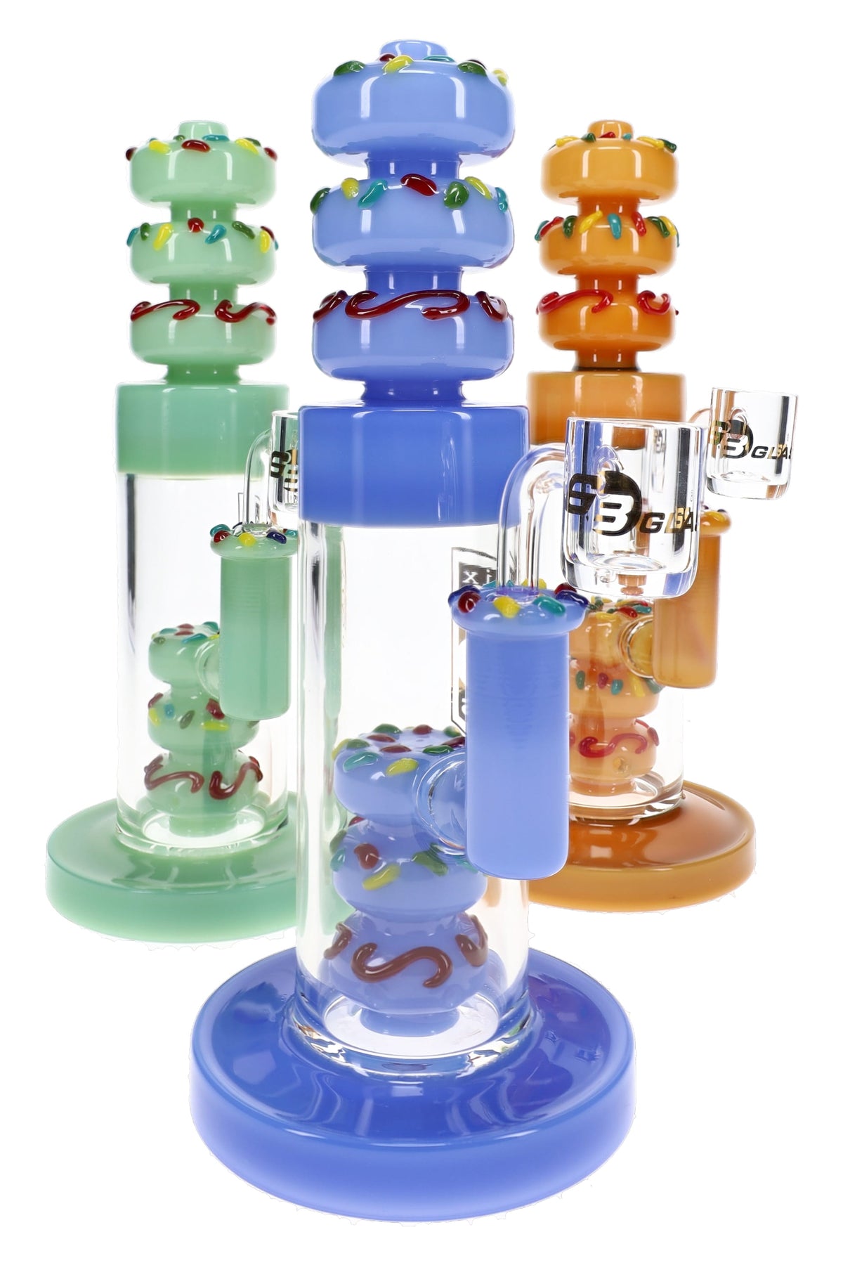 Assorted 6B Glass donut stack dab rigs with blue, mint, and orange accents and clear buckets