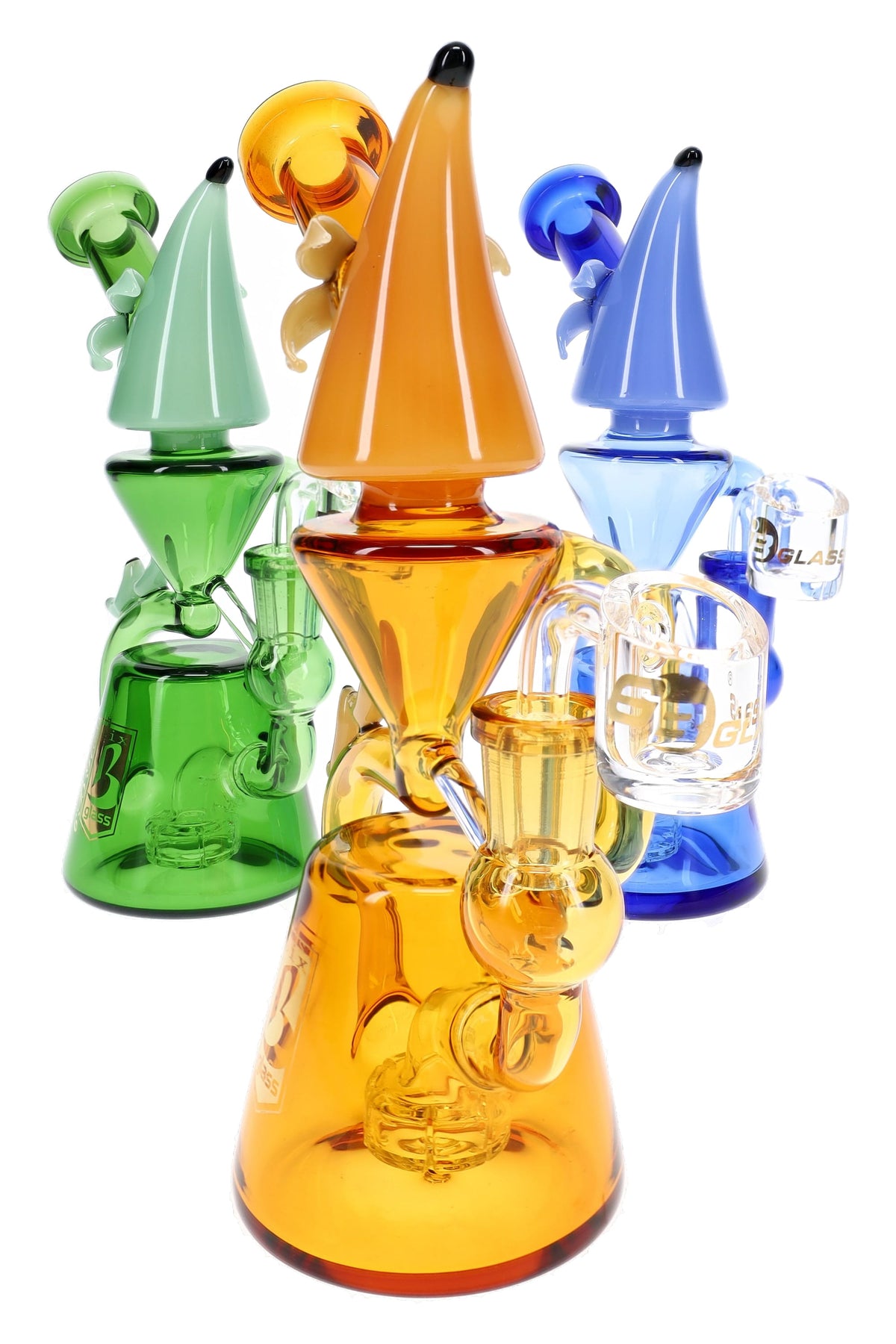 Assorted 6B Glass banana recycler dab rigs in amber, green, and blue with showerhead percs