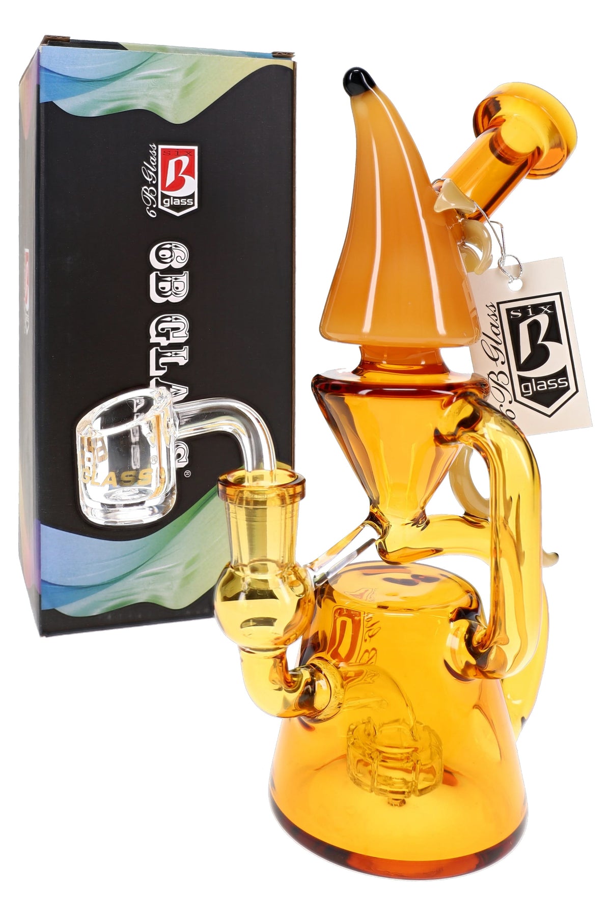 Amber 6B Glass banana recycler dab rig with showerhead perc, clear bucket accessory, and retail box