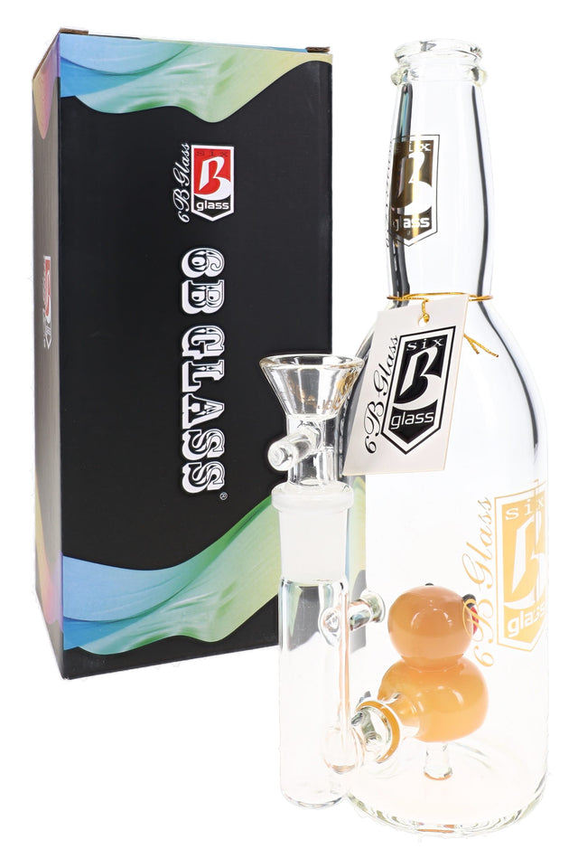 Orange 6B Glass duck perc bottle bong with clear body, 14.5 mm bowl, hang tag, and retail box