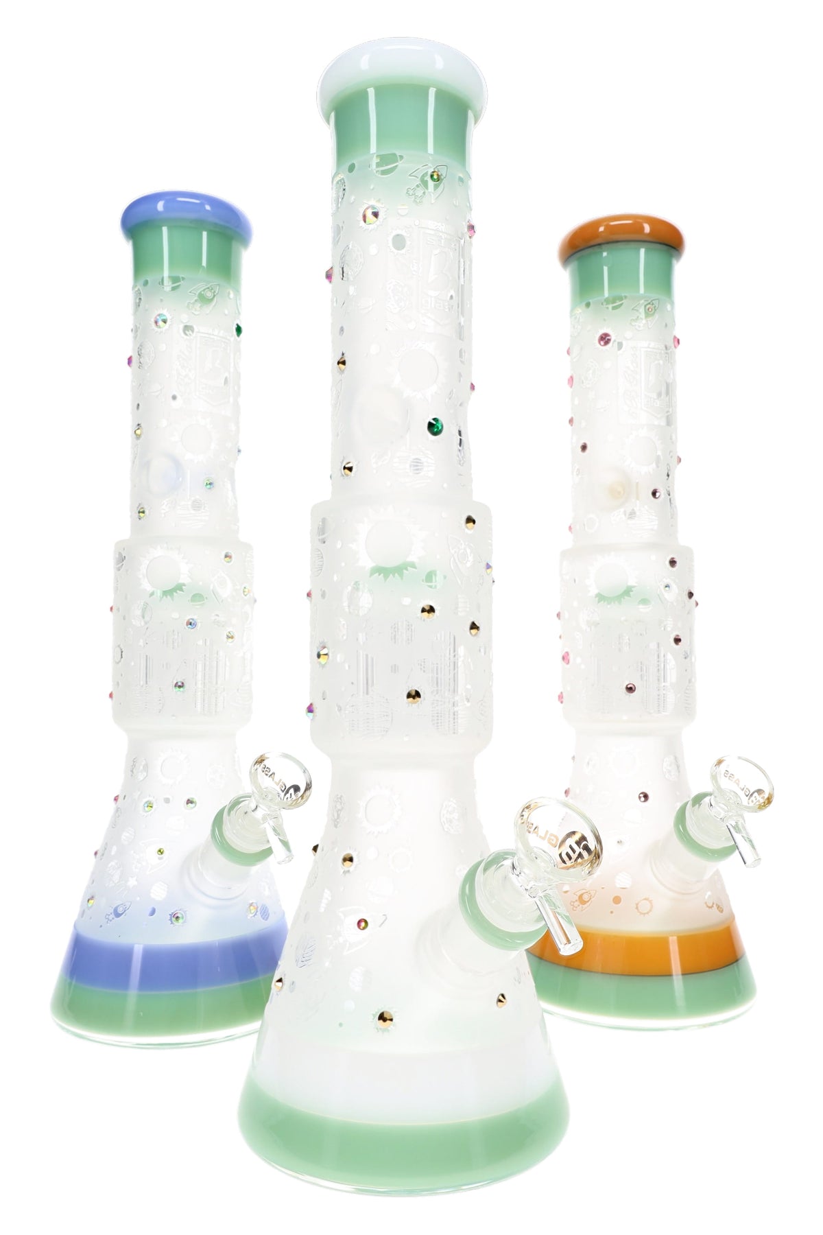 Assorted 6B Glass space beaker bongs with frosted planet graphics, tree percs, and colored trim