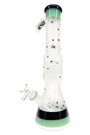 Mint 6B Glass frosted space beaker bong with 10-arm tree perc, gem accents, bowl, and black rim