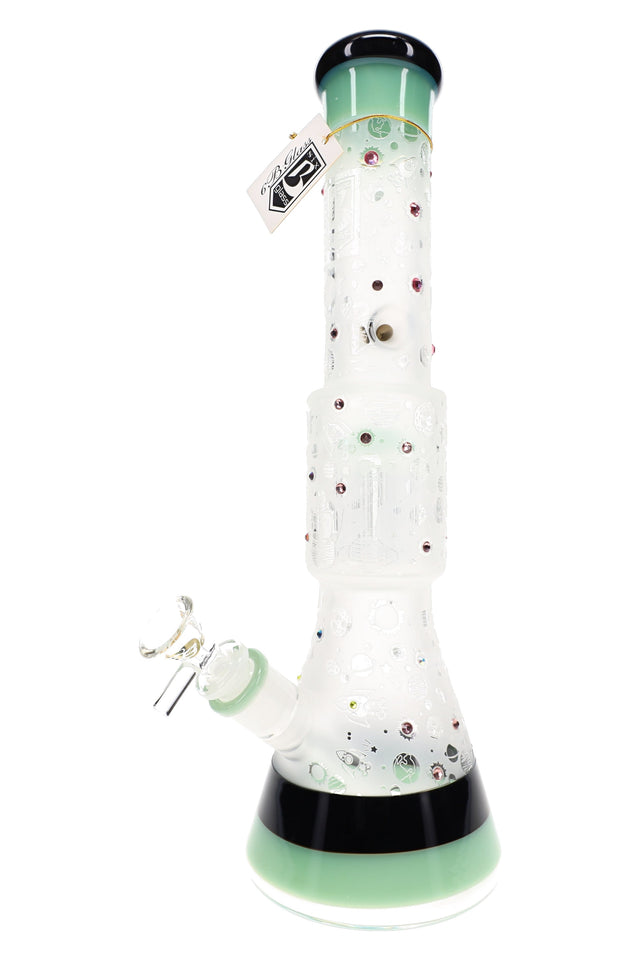 Mint 6B Glass frosted space beaker bong with 10-arm tree perc, gem accents, bowl, and black rim