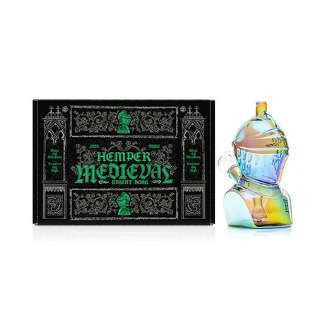 Hemper Medieval Knight 6″ glass bong with iridescent armored body beside black illustrated retail box