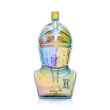 Front view of Hemper Medieval Knight glass bong with iridescent helmet, armor base and showerhead perc