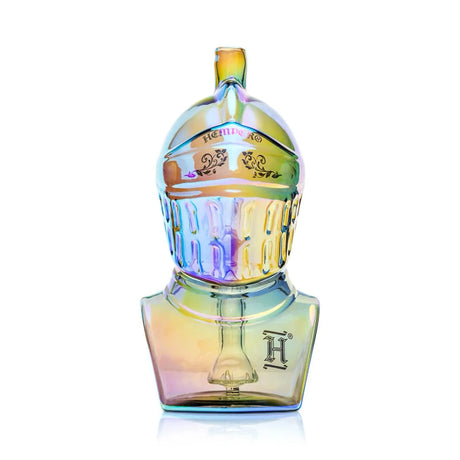 Front view of Hemper Medieval Knight glass bong with iridescent helmet, armor base and showerhead perc