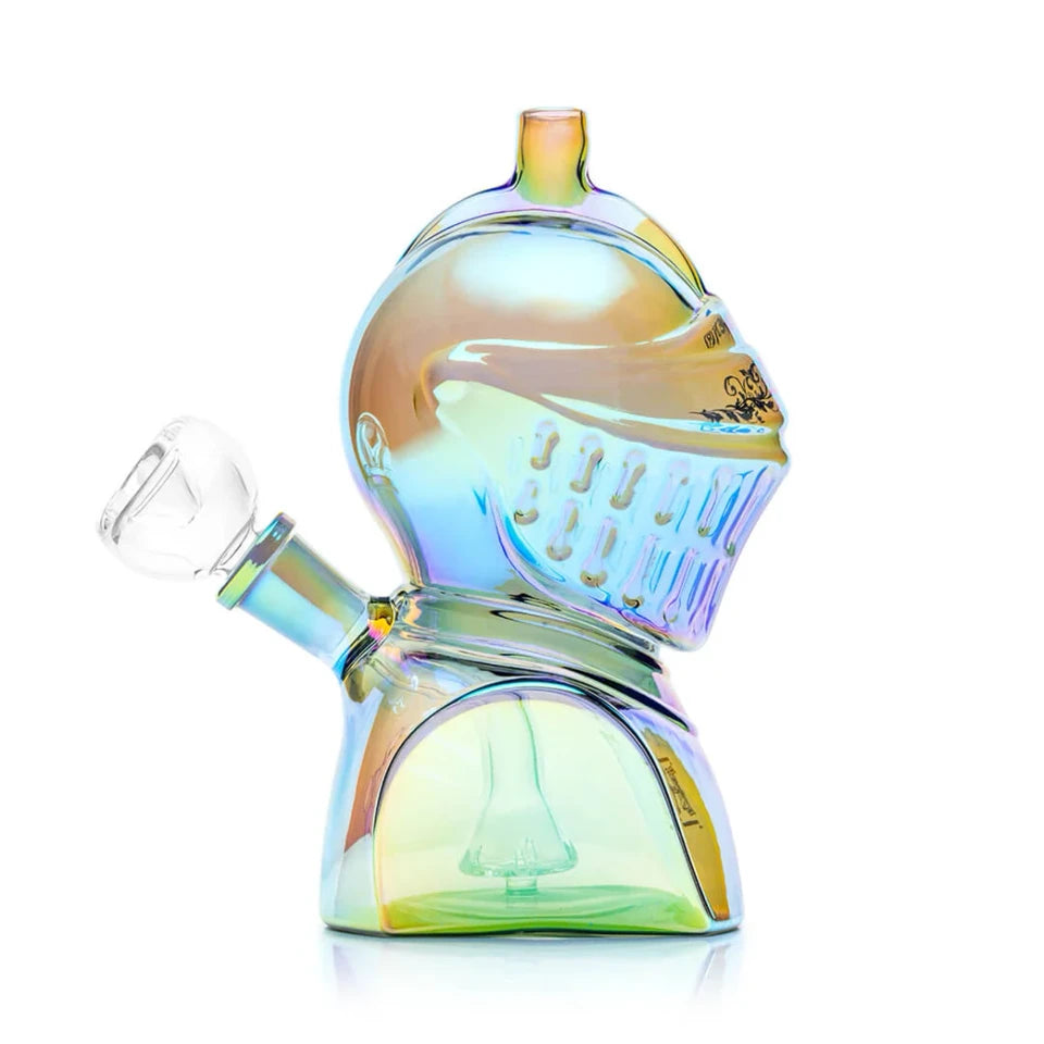 Side view of Hemper Knight glass bong showing iridescent helmet, 14 mm flower bowl and internal percolator