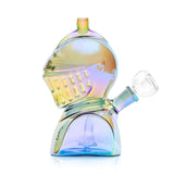 Opposite side of Hemper Medieval Knight bong with rainbow iridescent glass, bowl and armored silhouette