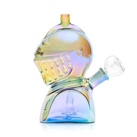 Opposite side of Hemper Medieval Knight bong with rainbow iridescent glass, bowl and armored silhouette
