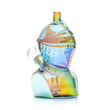 Angled front view of Hemper Knight glass bong highlighting sculpted visor and color-shifting glass finish