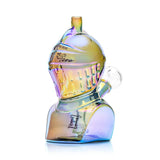 Three-quarter view of Hemper Knight 6″ glass bong with iridescent armor, sculpted visor and clear bowl