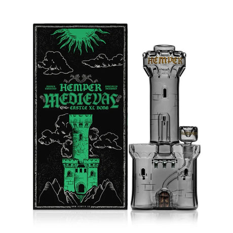 Hemper Medieval Castle XL 11.6″ glass bong in smoked black with matching illustrated retail box