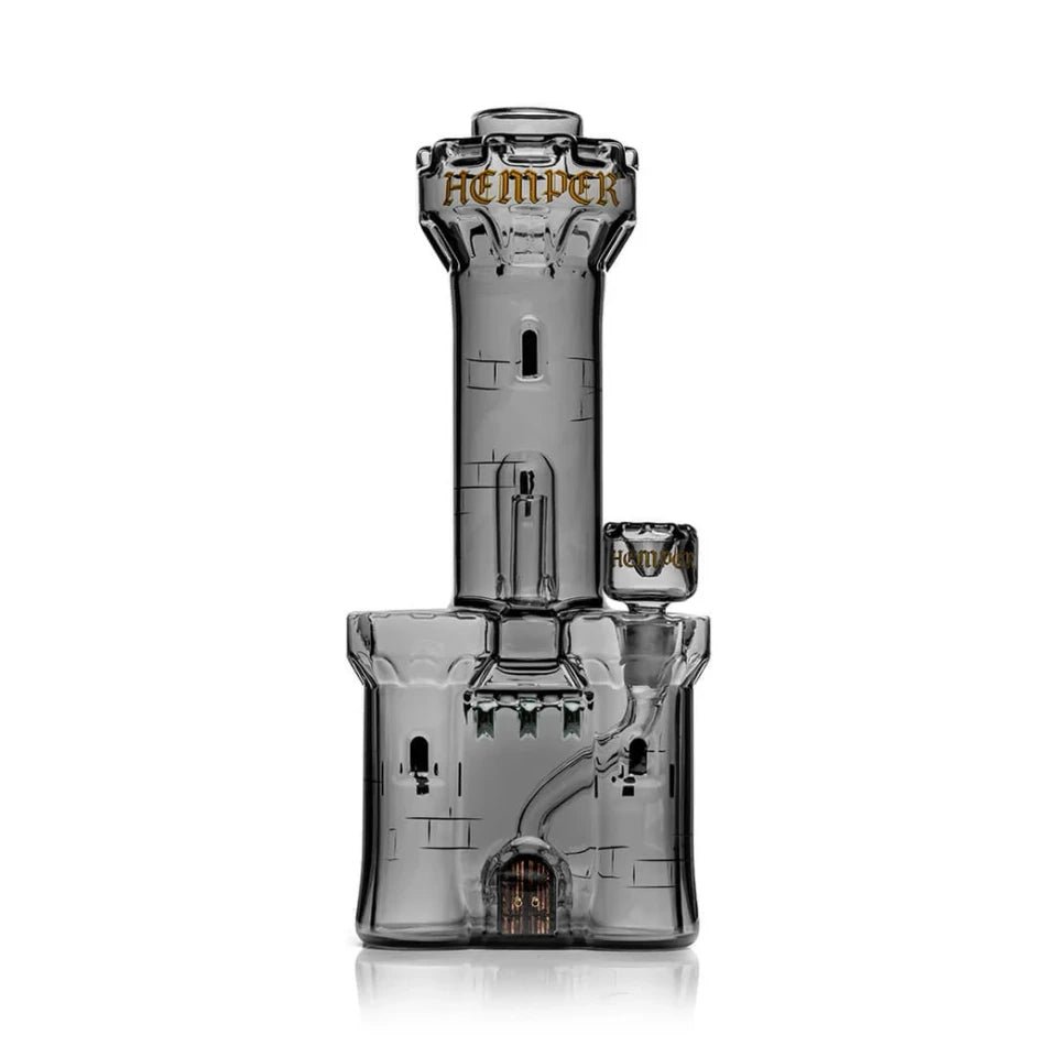 Front view of Hemper Medieval Castle XL glass bong with tall tower, battlements and castle-style bowl