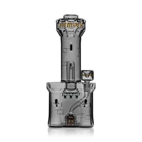 Front view of Hemper Medieval Castle XL glass bong with tall tower, battlements and castle-style bowl