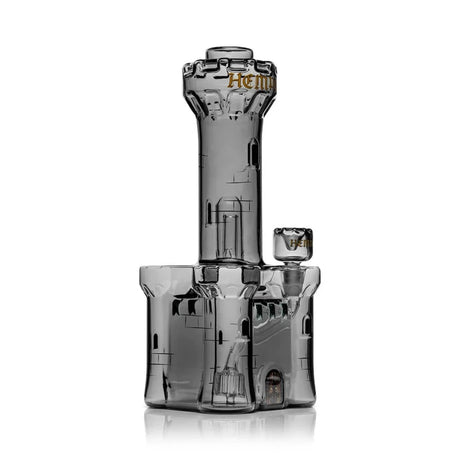 Angled view of Hemper Castle XL glass bong highlighting fortress towers, windows and smoked black glass