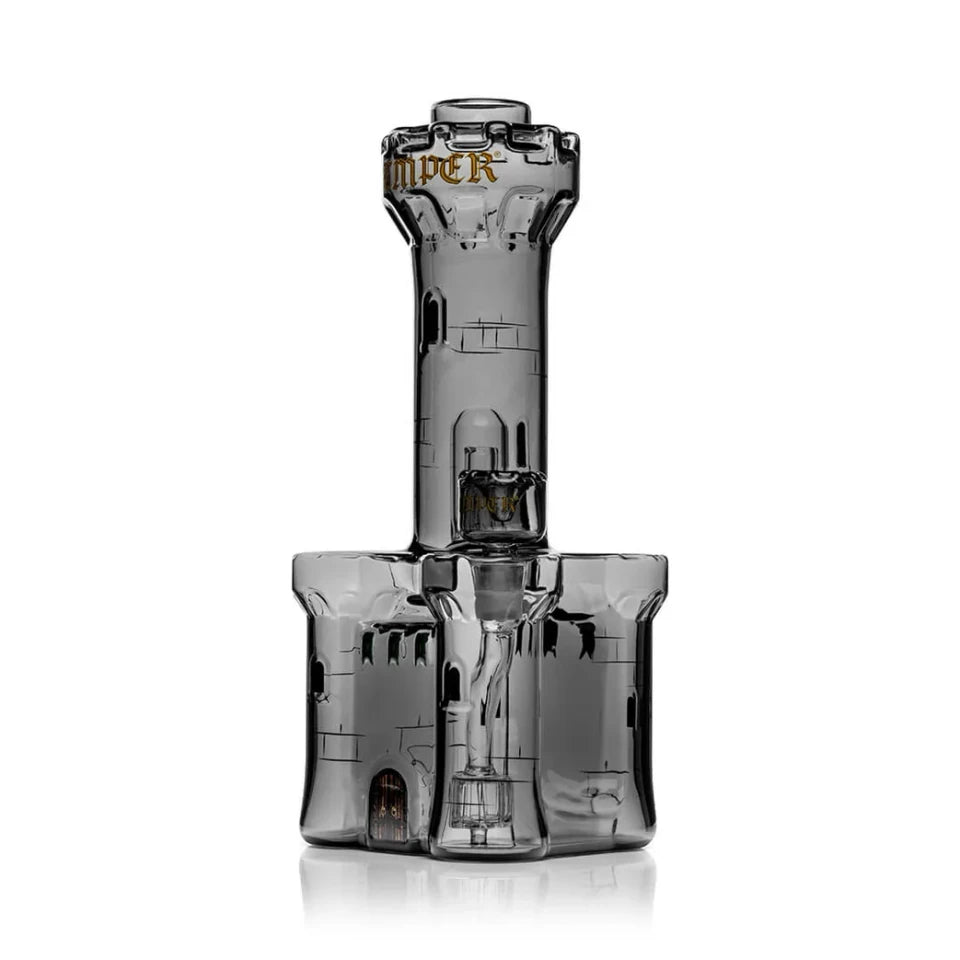 Three-quarter view of Hemper Medieval Castle XL bong showing castle doorway, bowl and internal percolator