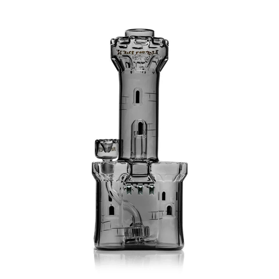 Opposite side of Hemper Castle XL 11.6″ glass bong with battlements, brick details and smoked glass body