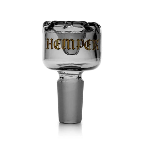 Hemper castle-style 14 mm male glass bowl with smoked black finish, battlement rim and gold logo