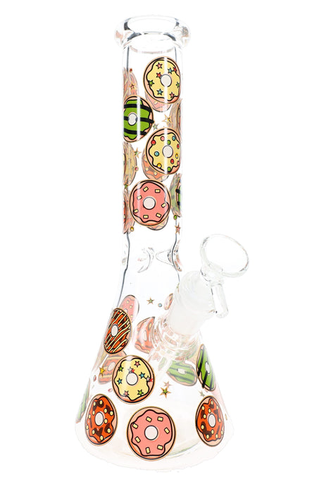 10 inch glass beaker bong with colorful donut decals, clear bowl, and glass-on-glass downstem