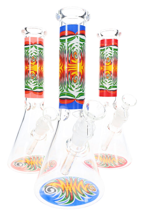 Three reverse decal glass beaker bongs with red and blue neck graphics and matching base art