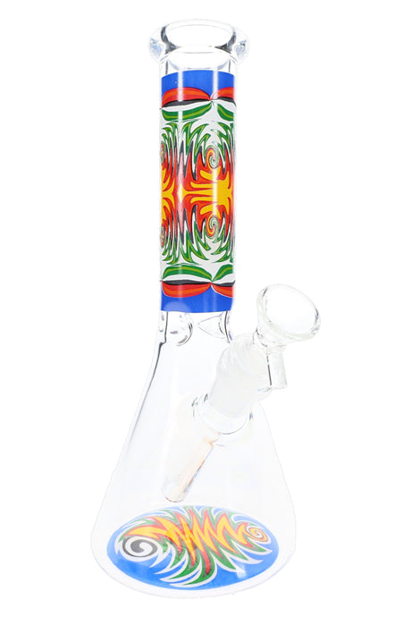 10 inch glass beaker bong with blue reverse decal, clear bowl, ice pinch, and wide clear base