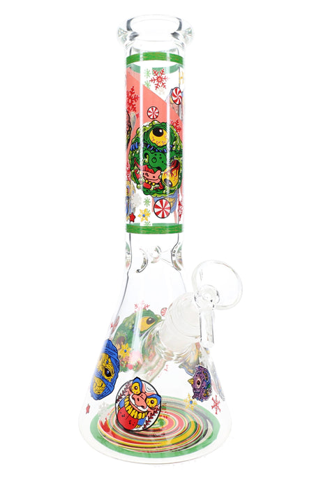 Festive monster glass beaker bong with holiday decals, clear bowl, ice pinch, and spiral base