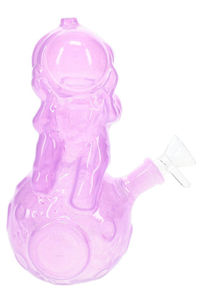 Pink astronaut glass bong with rounded helmet detail, clear bowl, and translucent molded body