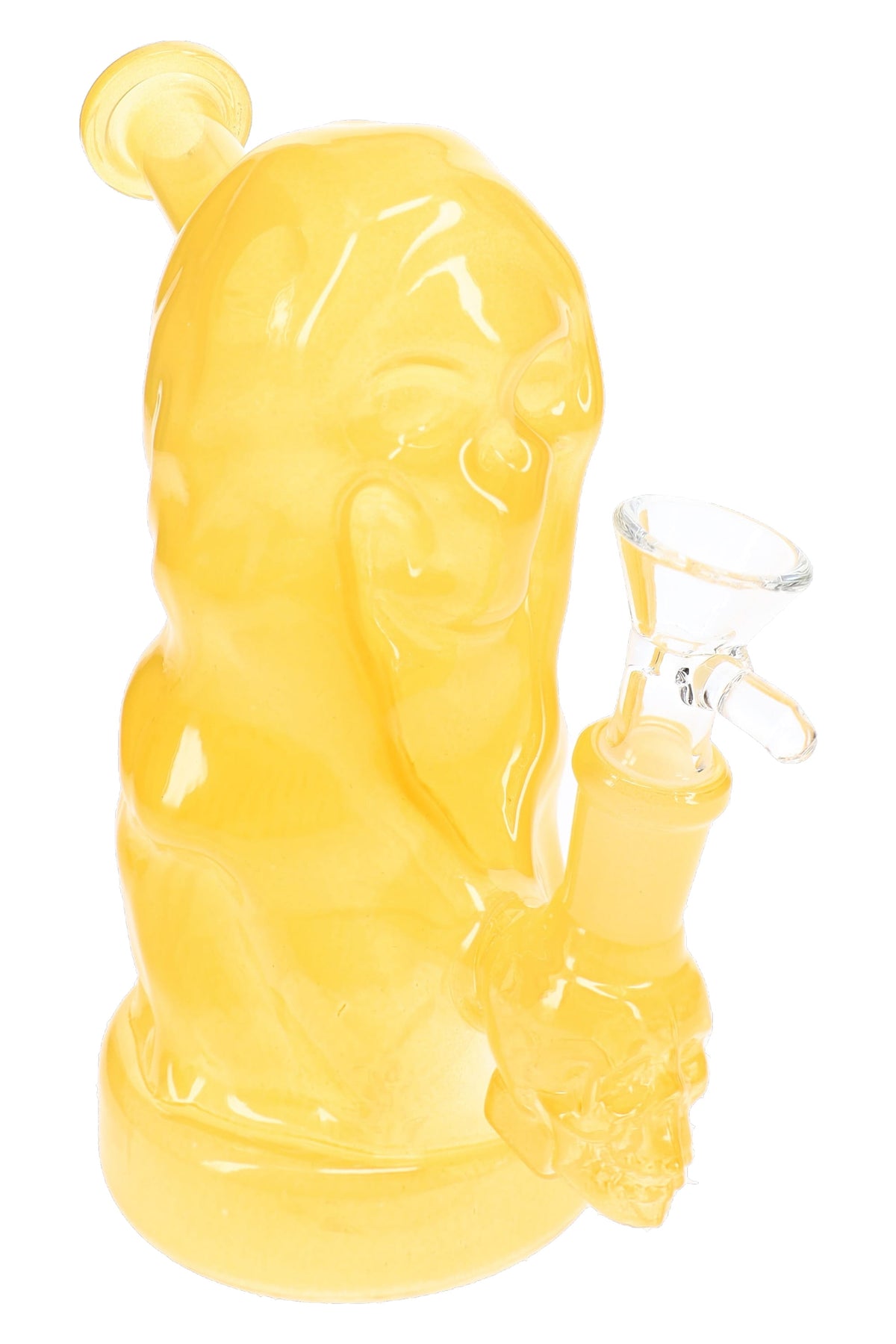 Yellow grim reaper skull glass bong with clear bowl, stemless joint, and sculpted cloak details