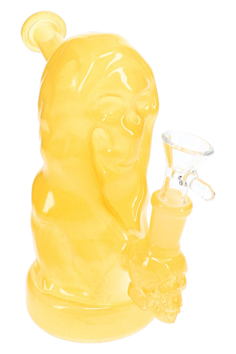 Yellow grim reaper skull glass bong with clear bowl, stemless joint, and sculpted cloak details