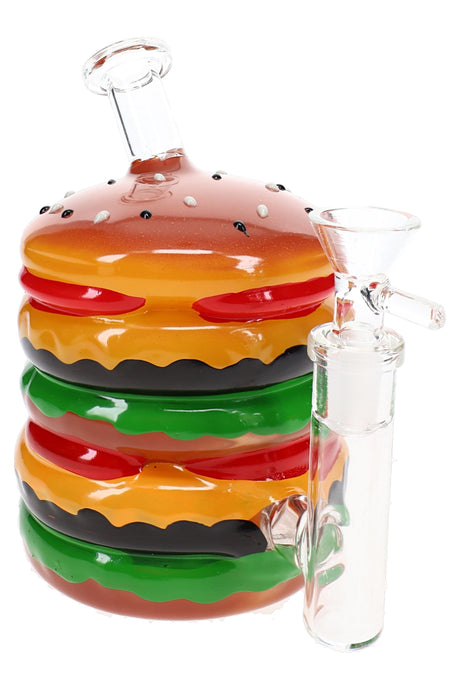 Hamburger glass bong with sesame bun top, colorful layers, clear mouthpiece, and glass bowl
