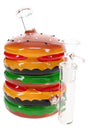 Hamburger glass bong with sesame bun top, colorful layers, clear mouthpiece, and glass bowl