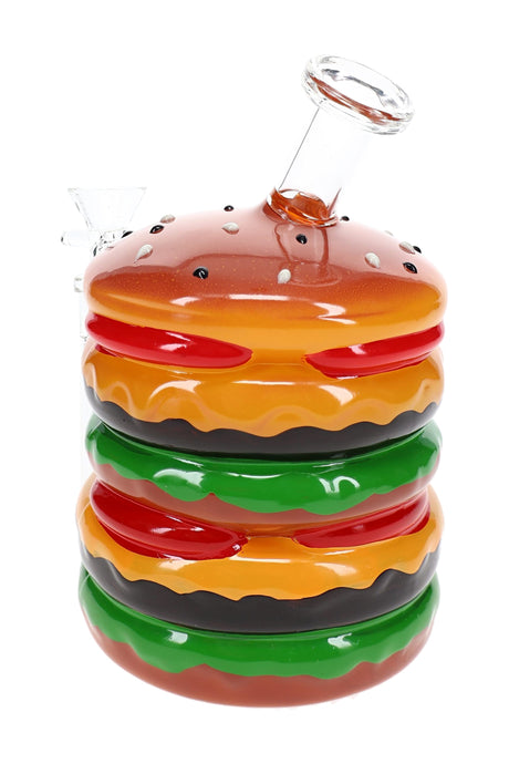 Hamburger glass bong side view with clear downstem, 14.5 mm bowl, and stacked burger details